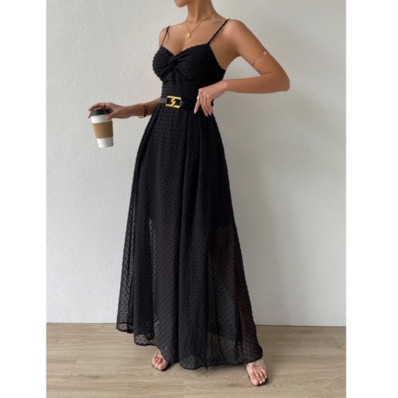 Black V-Neck Backless Maxi Dress Backless, Tie Back, Twist Front Swiss Dot - Picture 5 of 9